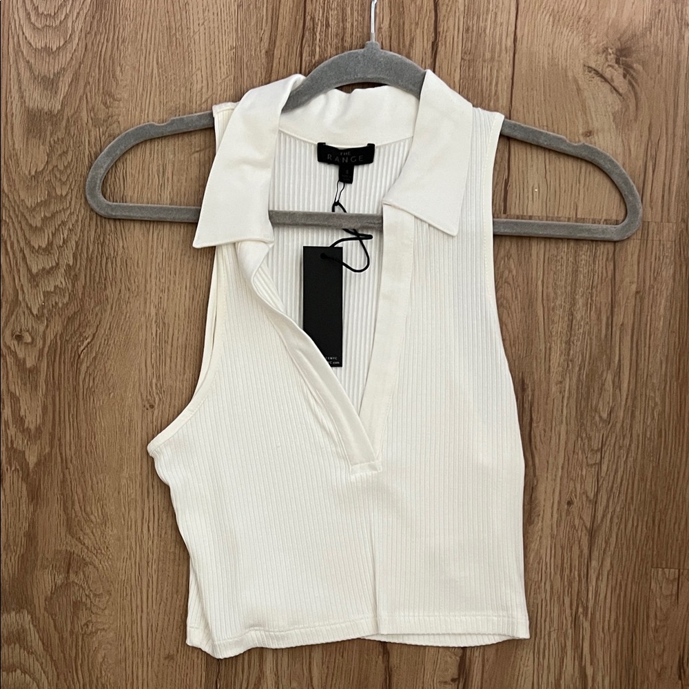 White Ribbed Collared Crop Top